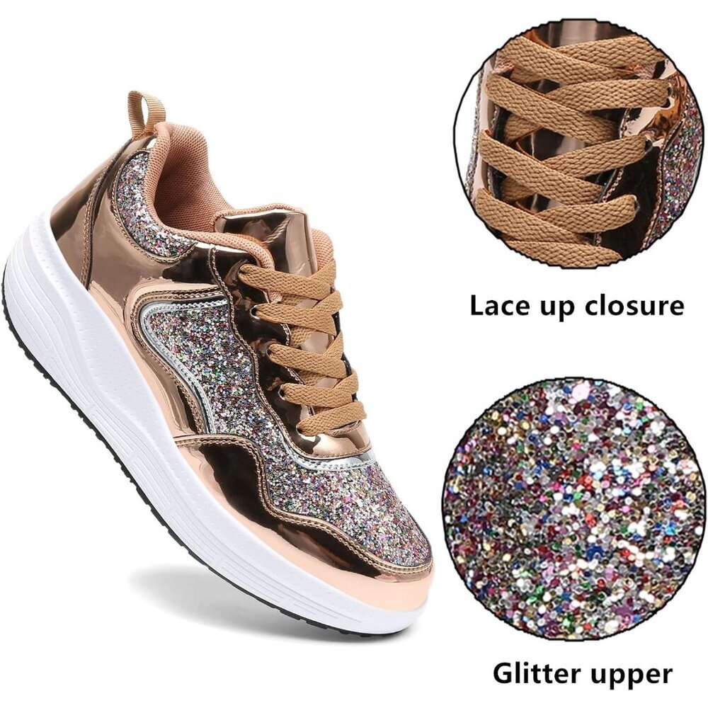 Women's Gold Breathable Mesh Comfort Lightweight Wedge Platform Sneakers - Picture 4 of 7